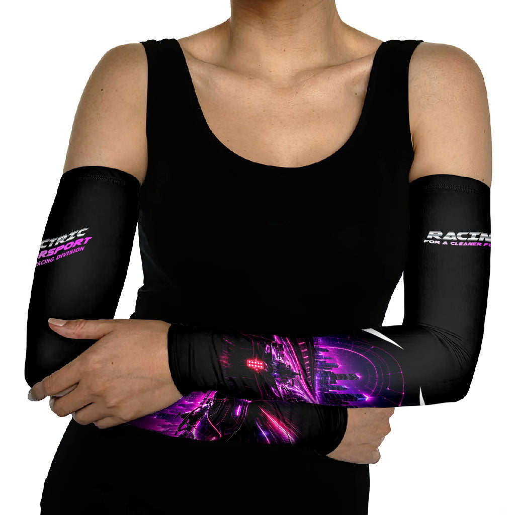 Electric Motorsport Racing Arm Sleeves Futuristic Neon Formula Race Car Skyline Art