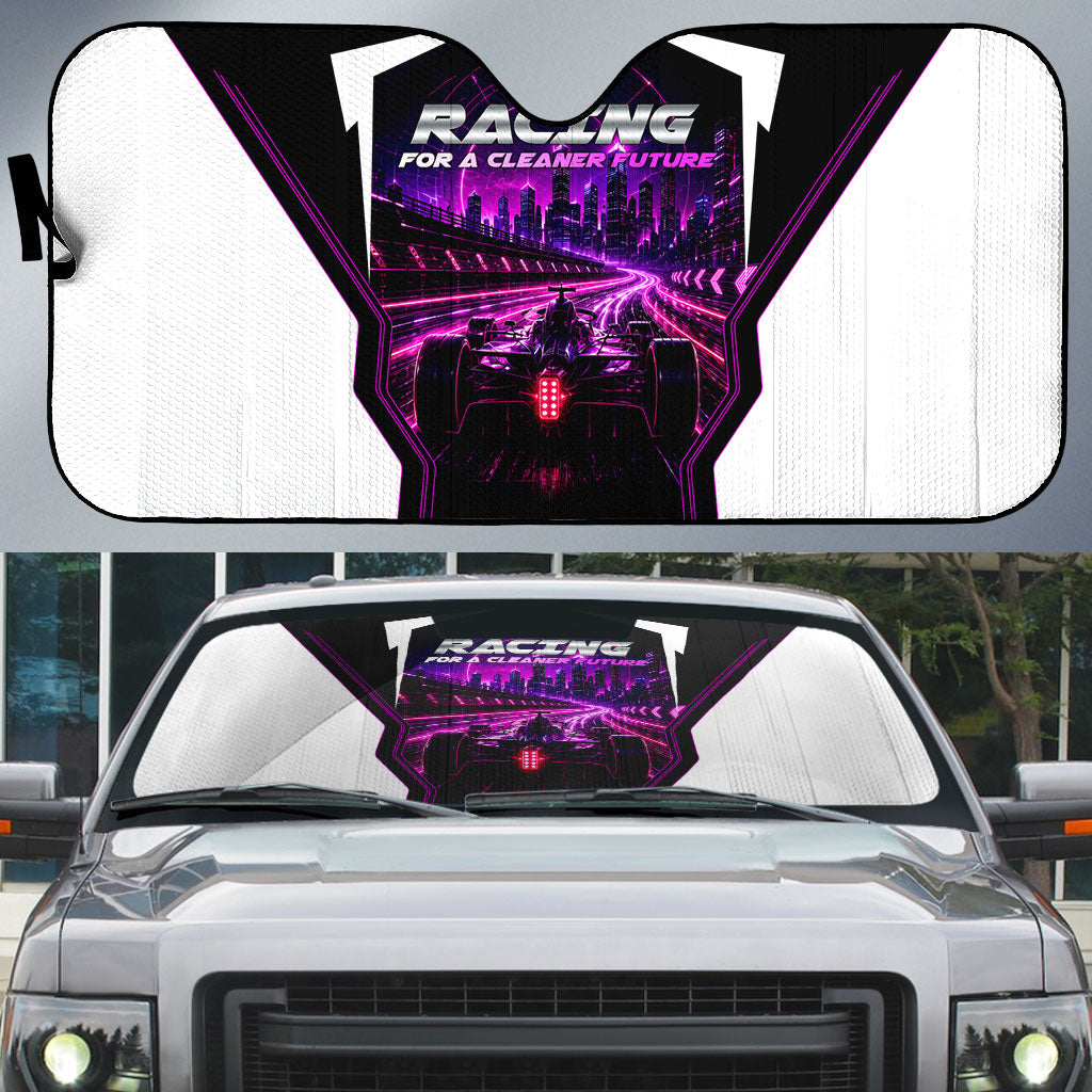 Electric Motorsport Racing Auto Sun Shade Futuristic Neon Formula Race Car Skyline Art