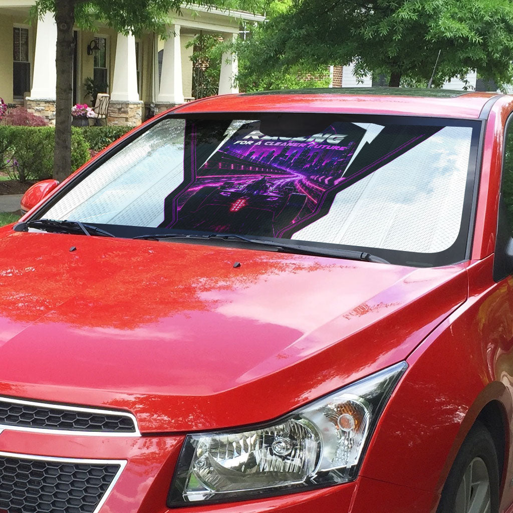 Electric Motorsport Racing Auto Sun Shade Futuristic Neon Formula Race Car Skyline Art