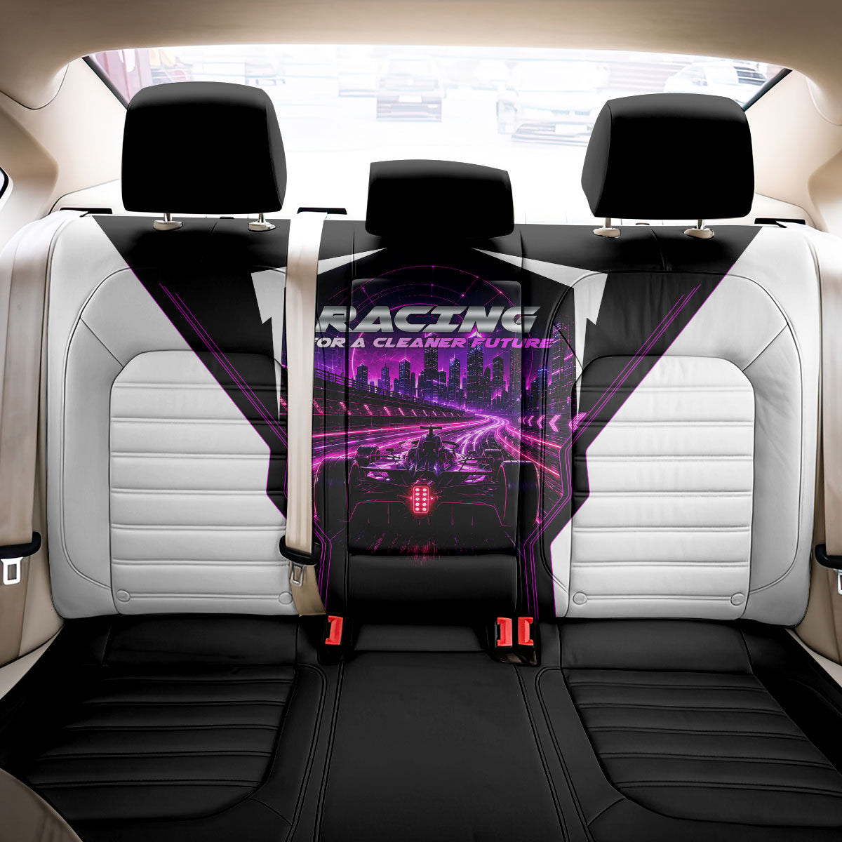 Electric Motorsport Racing Back Car Seat Cover Futuristic Neon Formula Race Car Skyline Art
