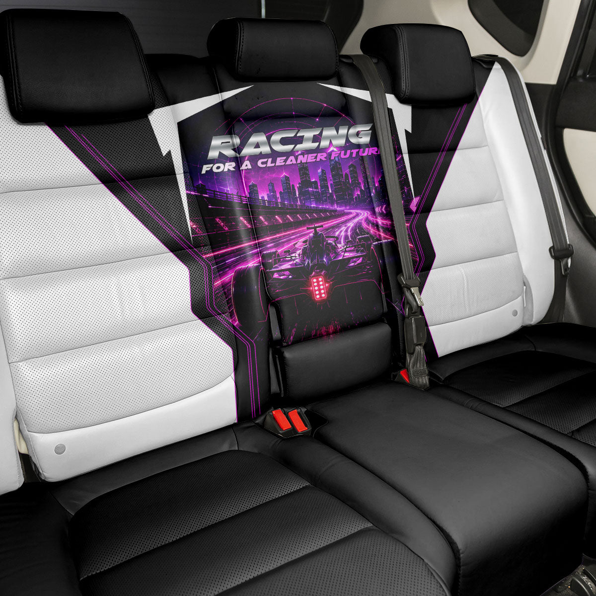 Electric Motorsport Racing Back Car Seat Cover Futuristic Neon Formula Race Car Skyline Art