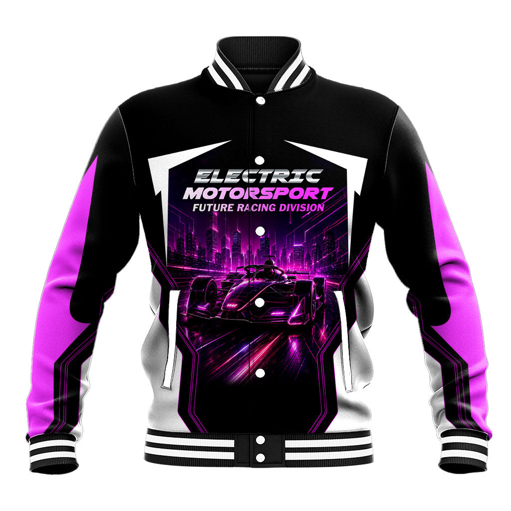 Electric Motorsport Racing Baseball Jacket Futuristic Neon Formula Race Car Skyline Art