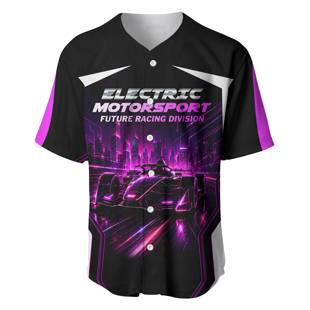 Electric Motorsport Racing Baseball Jersey Futuristic Neon Formula Race Car Skyline Art