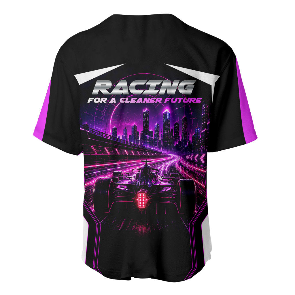 Electric Motorsport Racing Baseball Jersey Futuristic Neon Formula Race Car Skyline Art