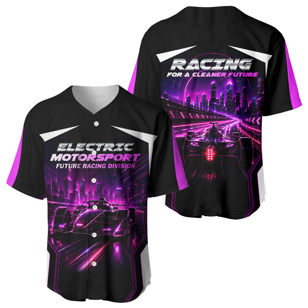 Electric Motorsport Racing Baseball Jersey Futuristic Neon Formula Race Car Skyline Art