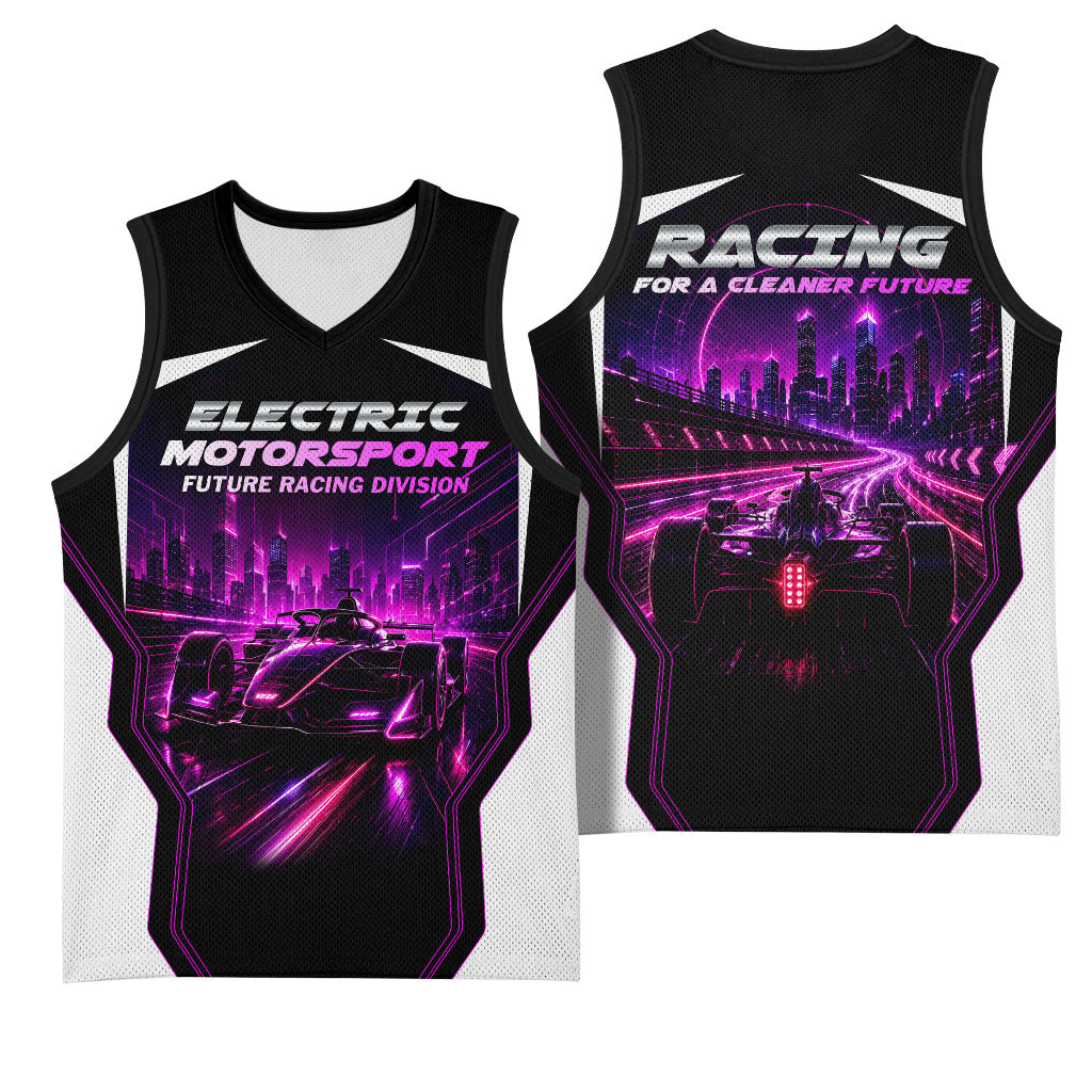 Electric Motorsport Racing Basketball Jersey Futuristic Neon Formula Race Car Skyline Art