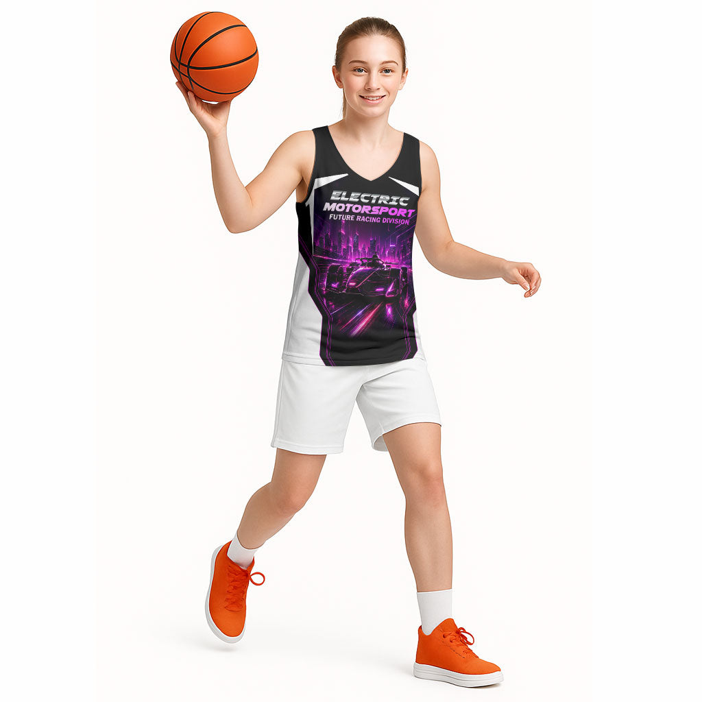Electric Motorsport Racing Basketball Jersey Futuristic Neon Formula Race Car Skyline Art