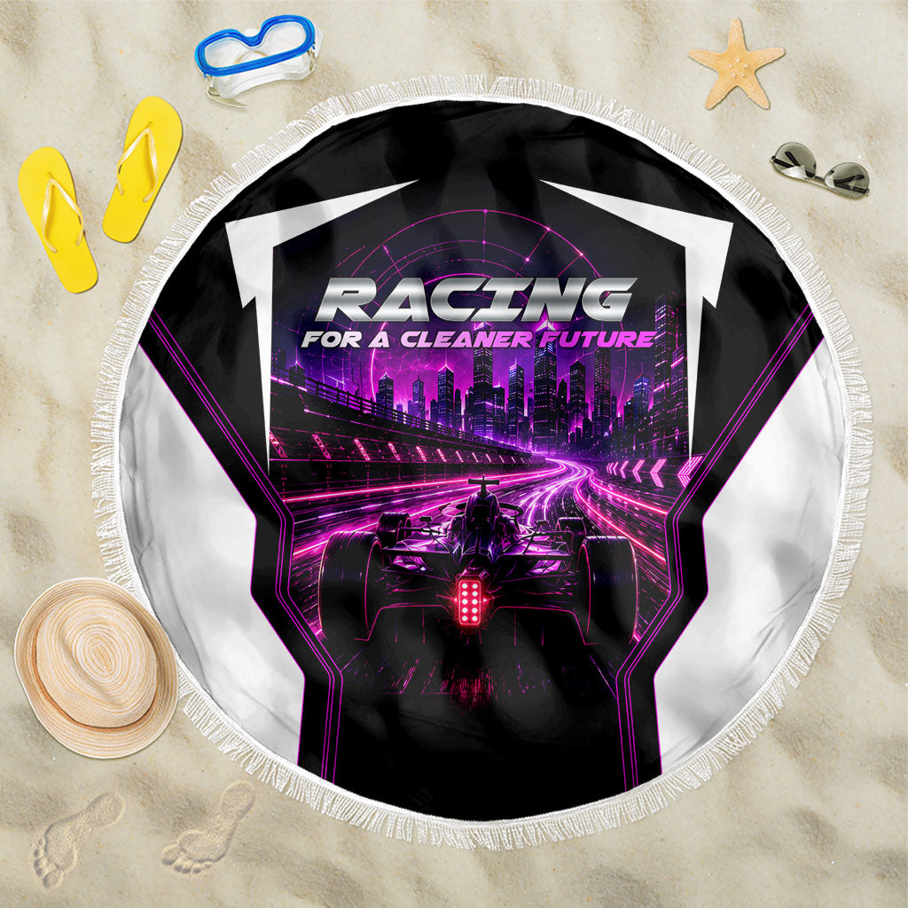 Electric Motorsport Racing Beach Blanket Futuristic Neon Formula Race Car Skyline Art