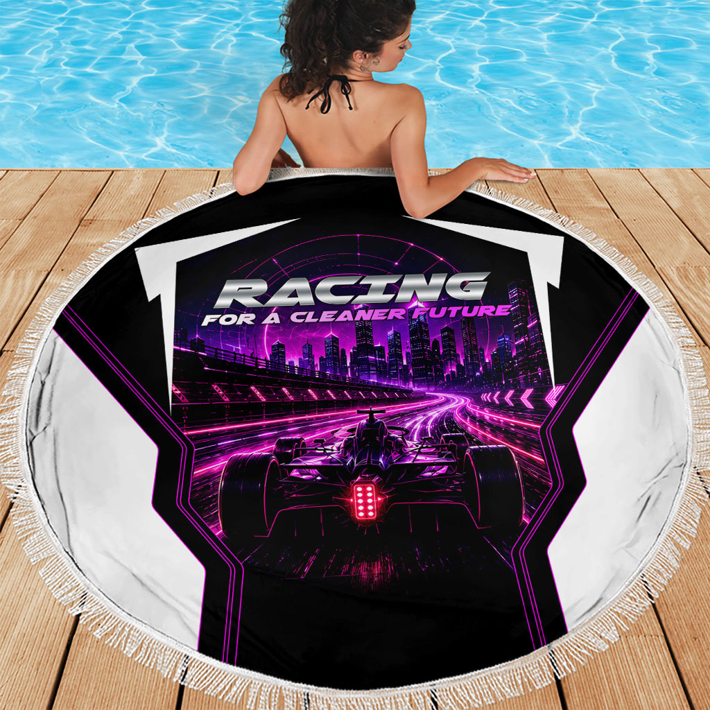 Electric Motorsport Racing Beach Blanket Futuristic Neon Formula Race Car Skyline Art