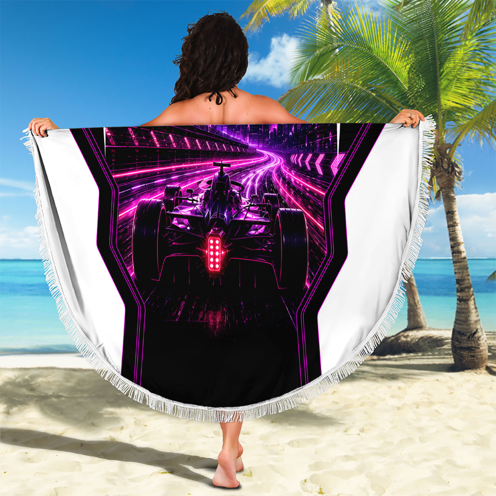 Electric Motorsport Racing Beach Blanket Futuristic Neon Formula Race Car Skyline Art