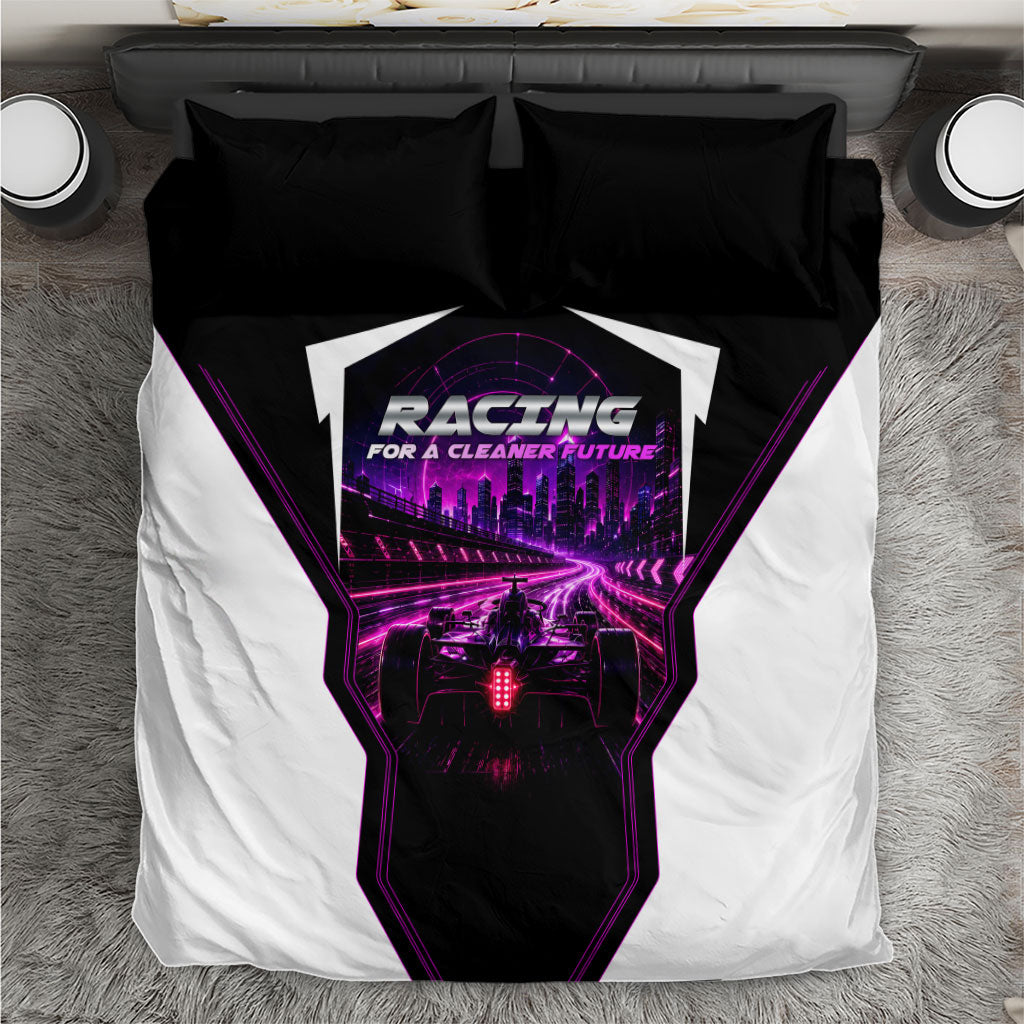 Electric Motorsport Racing Bedding Set Futuristic Neon Formula Race Car Skyline Art