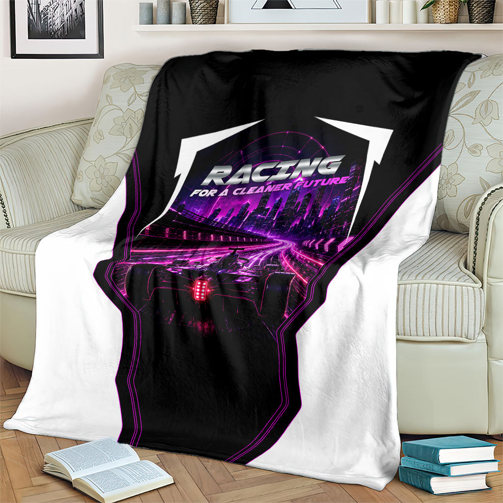 Electric Motorsport Racing Blanket Futuristic Neon Formula Race Car Skyline Art