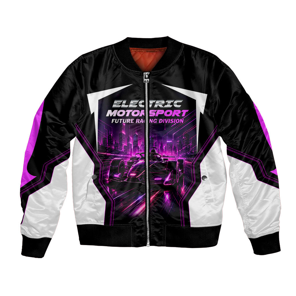 Electric Motorsport Racing Bomber Jacket Futuristic Neon Formula Race Car Skyline Art