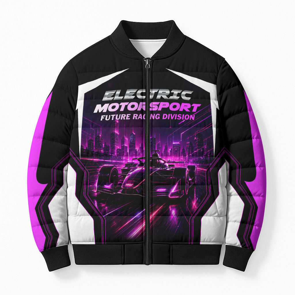 Electric Motorsport Racing Bomber Puffer Jacket Futuristic Neon Formula Race Car Skyline Art