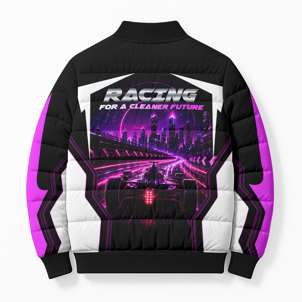Electric Motorsport Racing Bomber Puffer Jacket Futuristic Neon Formula Race Car Skyline Art
