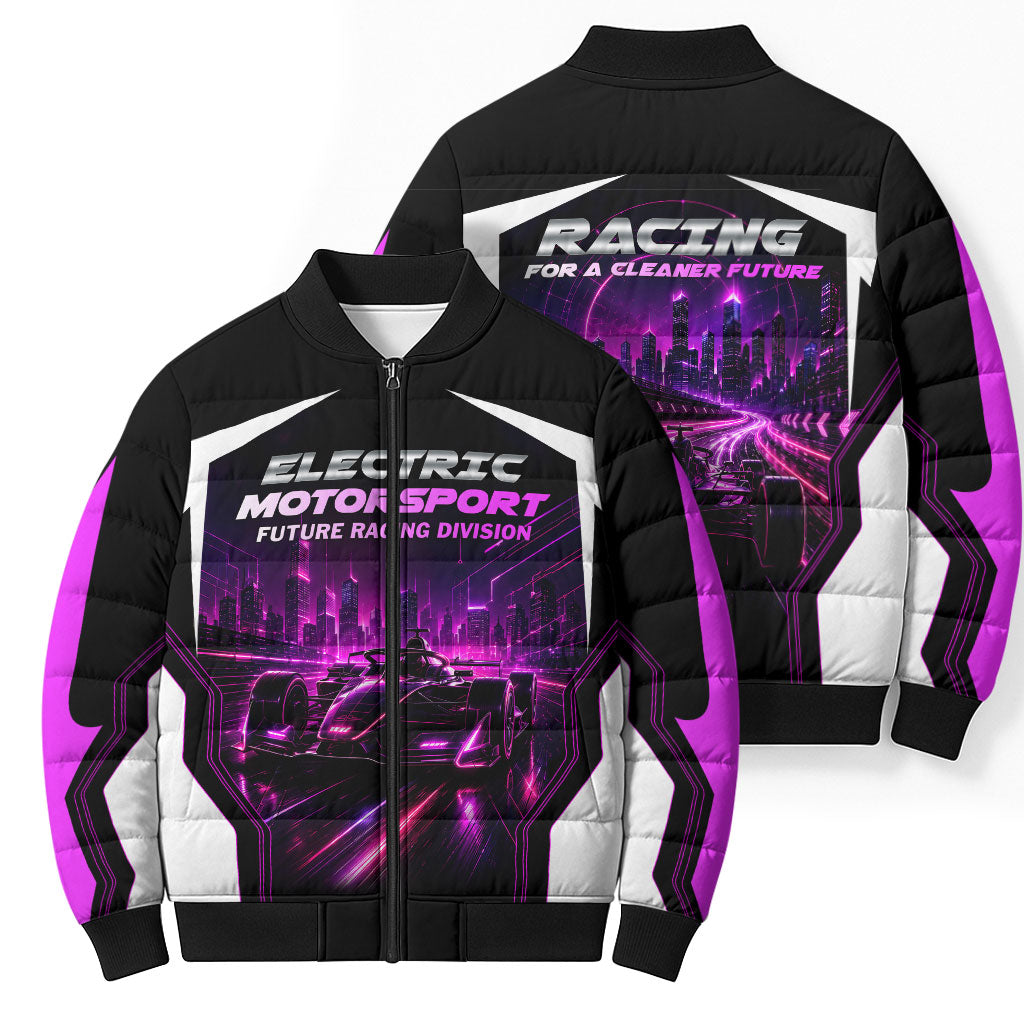 Electric Motorsport Racing Bomber Puffer Jacket Futuristic Neon Formula Race Car Skyline Art