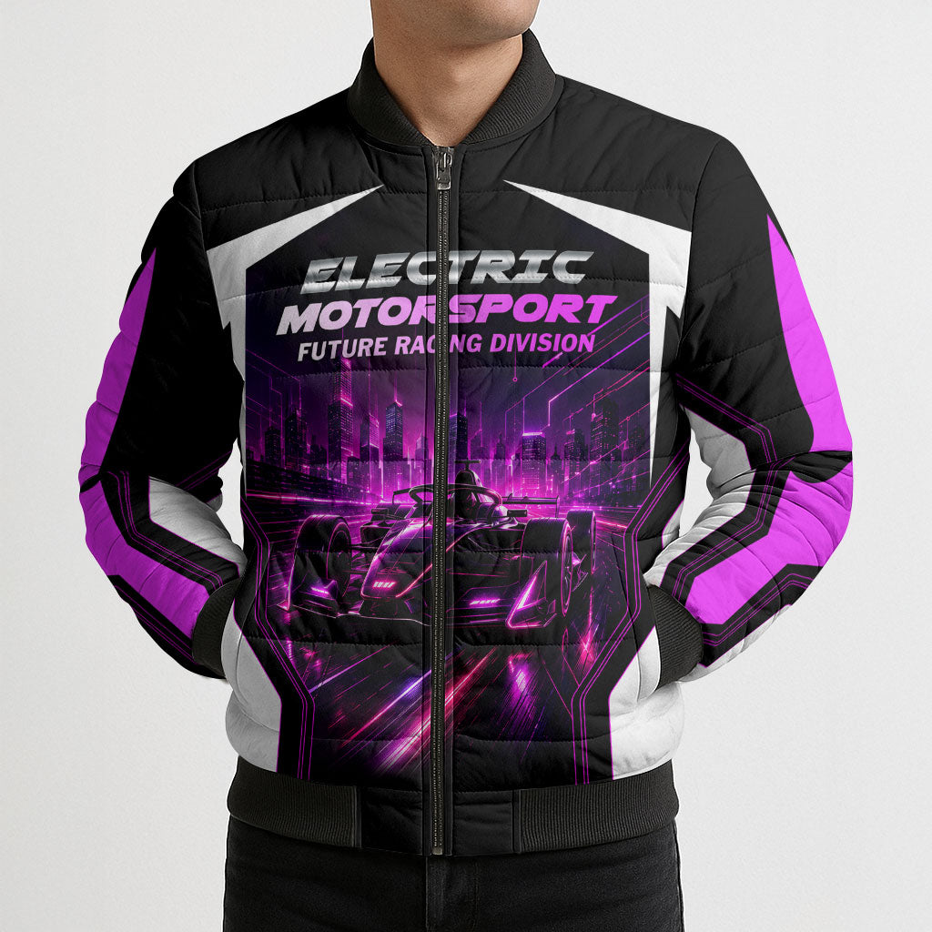 Electric Motorsport Racing Bomber Puffer Jacket Futuristic Neon Formula Race Car Skyline Art