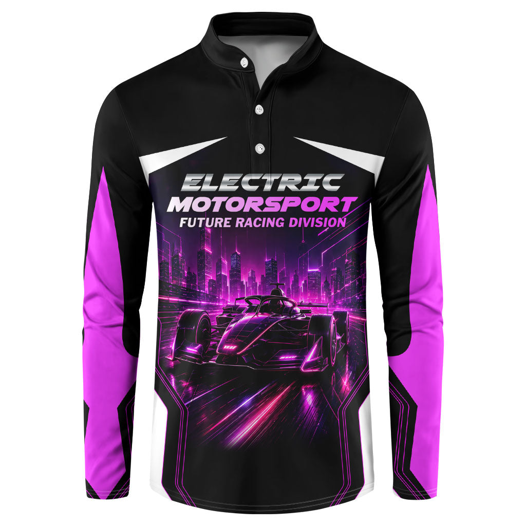 Electric Motorsport Racing Button Sweatshirt Futuristic Neon Formula Race Car Skyline Art