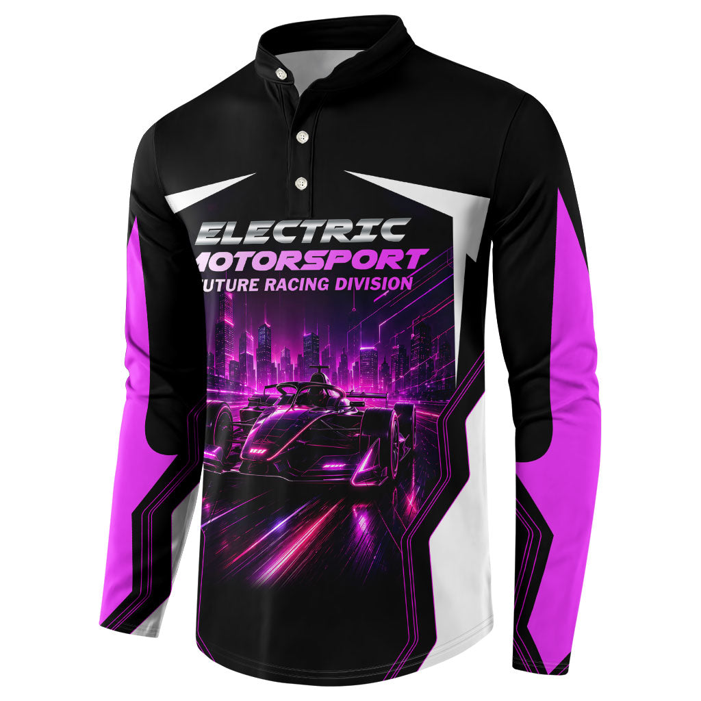 Electric Motorsport Racing Button Sweatshirt Futuristic Neon Formula Race Car Skyline Art