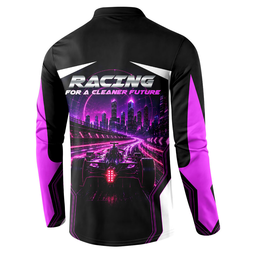 Electric Motorsport Racing Button Sweatshirt Futuristic Neon Formula Race Car Skyline Art