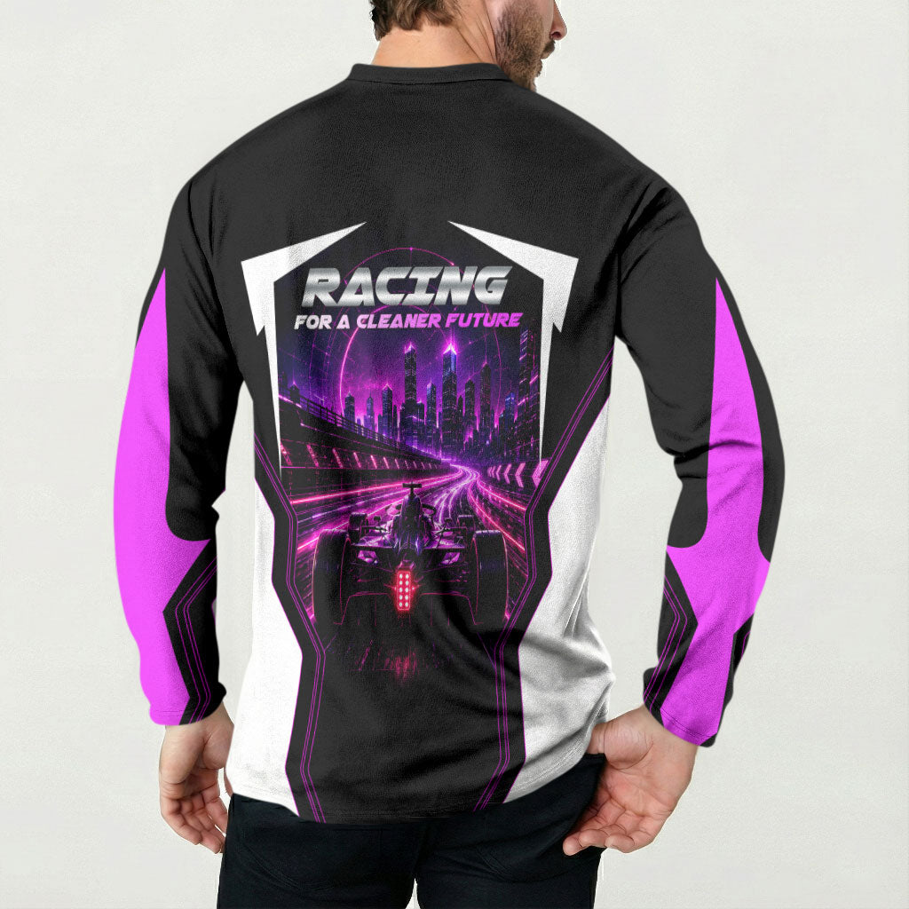 Electric Motorsport Racing Button Sweatshirt Futuristic Neon Formula Race Car Skyline Art