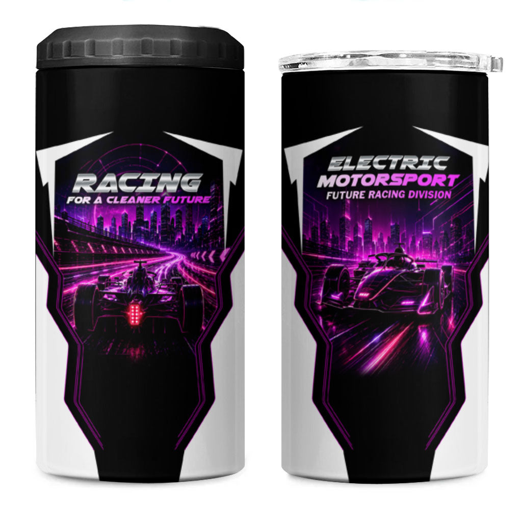 Electric Motorsport Racing 4 in 1 Can Cooler Tumbler Futuristic Neon Formula Race Car Skyline Art