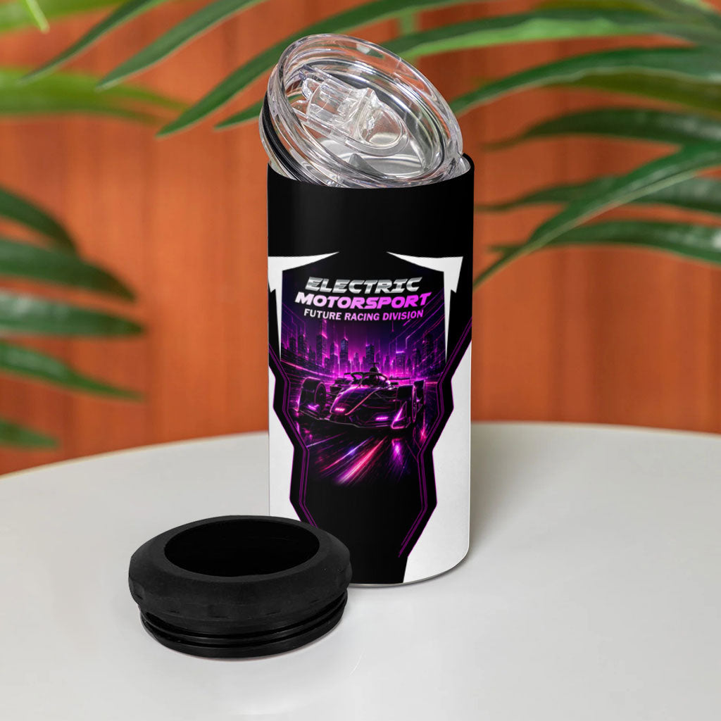 Electric Motorsport Racing 4 in 1 Can Cooler Tumbler Futuristic Neon Formula Race Car Skyline Art