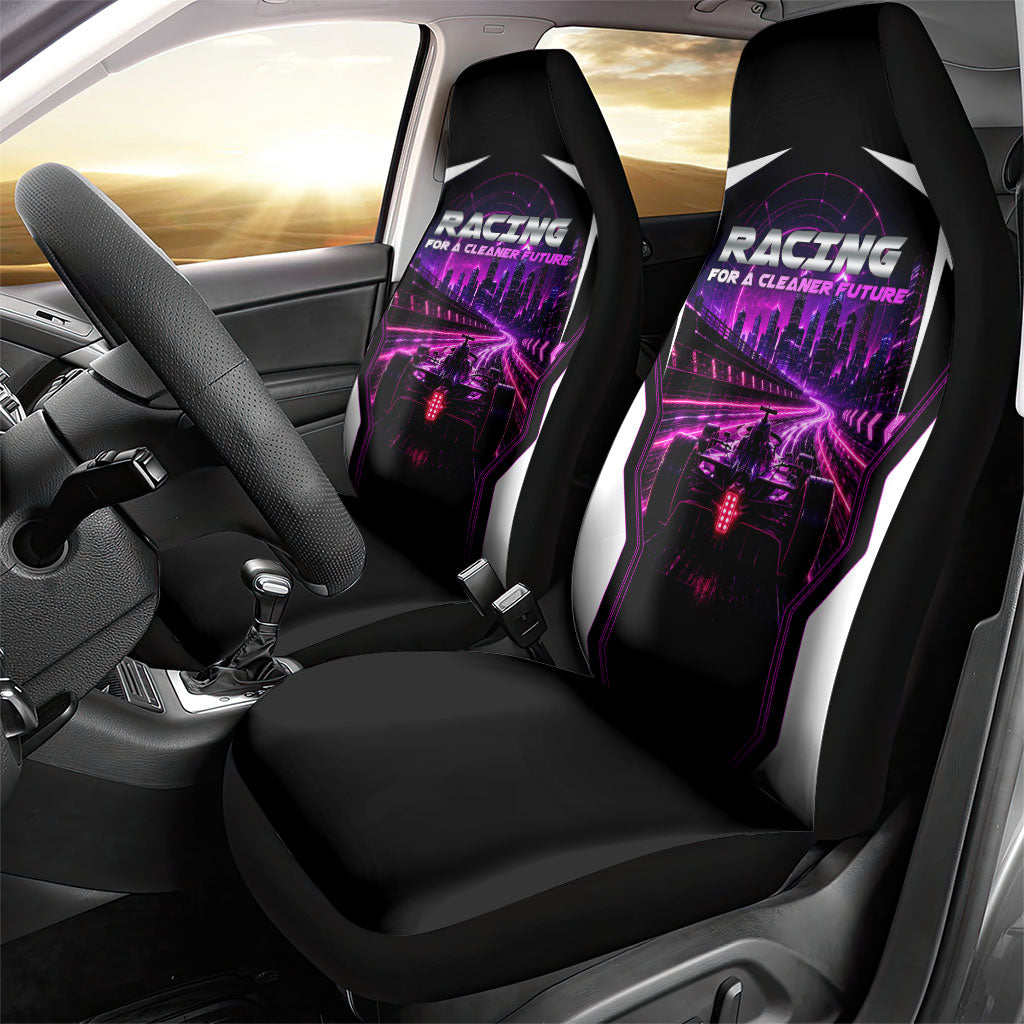 Electric Motorsport Racing Car Seat Cover Futuristic Neon Formula Race Car Skyline Art