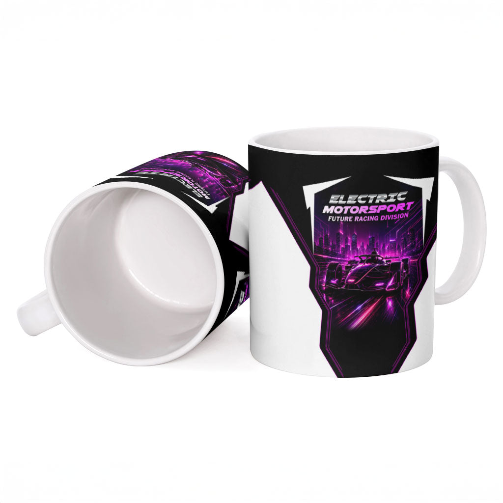Electric Motorsport Racing Ceramic Mug Futuristic Neon Formula Race Car Skyline Art