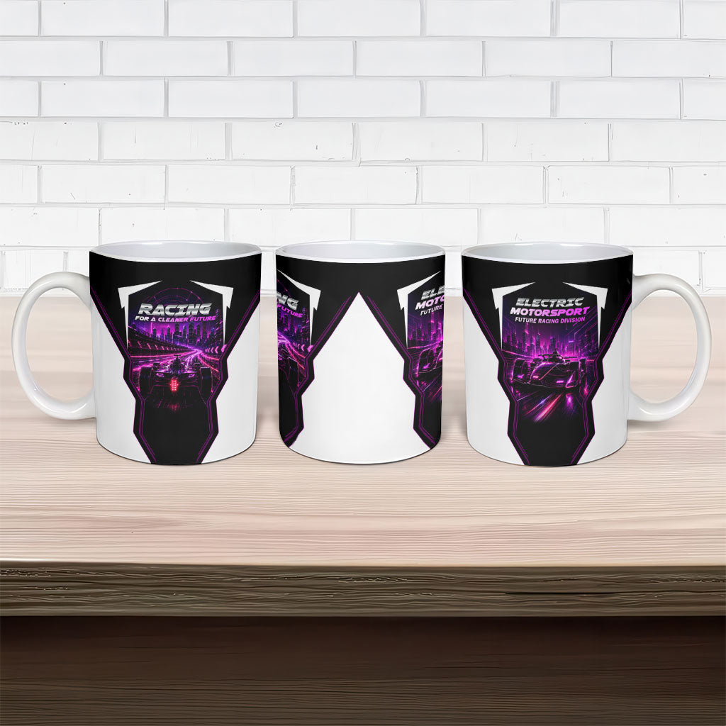 Electric Motorsport Racing Ceramic Mug Futuristic Neon Formula Race Car Skyline Art
