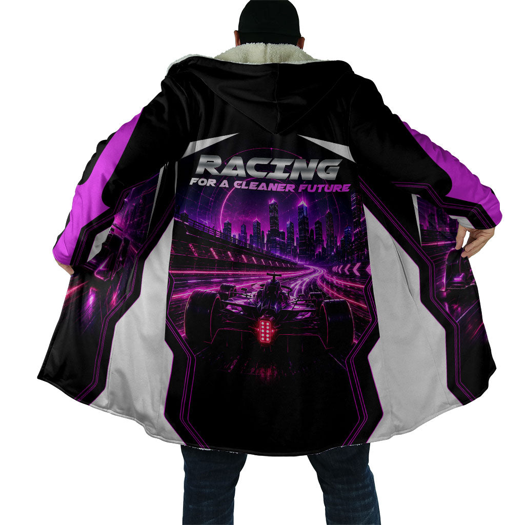 Electric Motorsport Racing Cloak Futuristic Neon Formula Race Car Skyline Art
