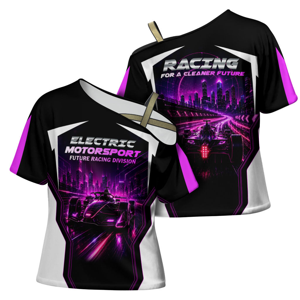 Electric Motorsport Racing Cross Shoulder Shirt Futuristic Neon Formula Race Car Skyline Art
