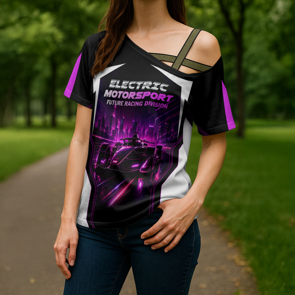 Electric Motorsport Racing Cross Shoulder Shirt Futuristic Neon Formula Race Car Skyline Art