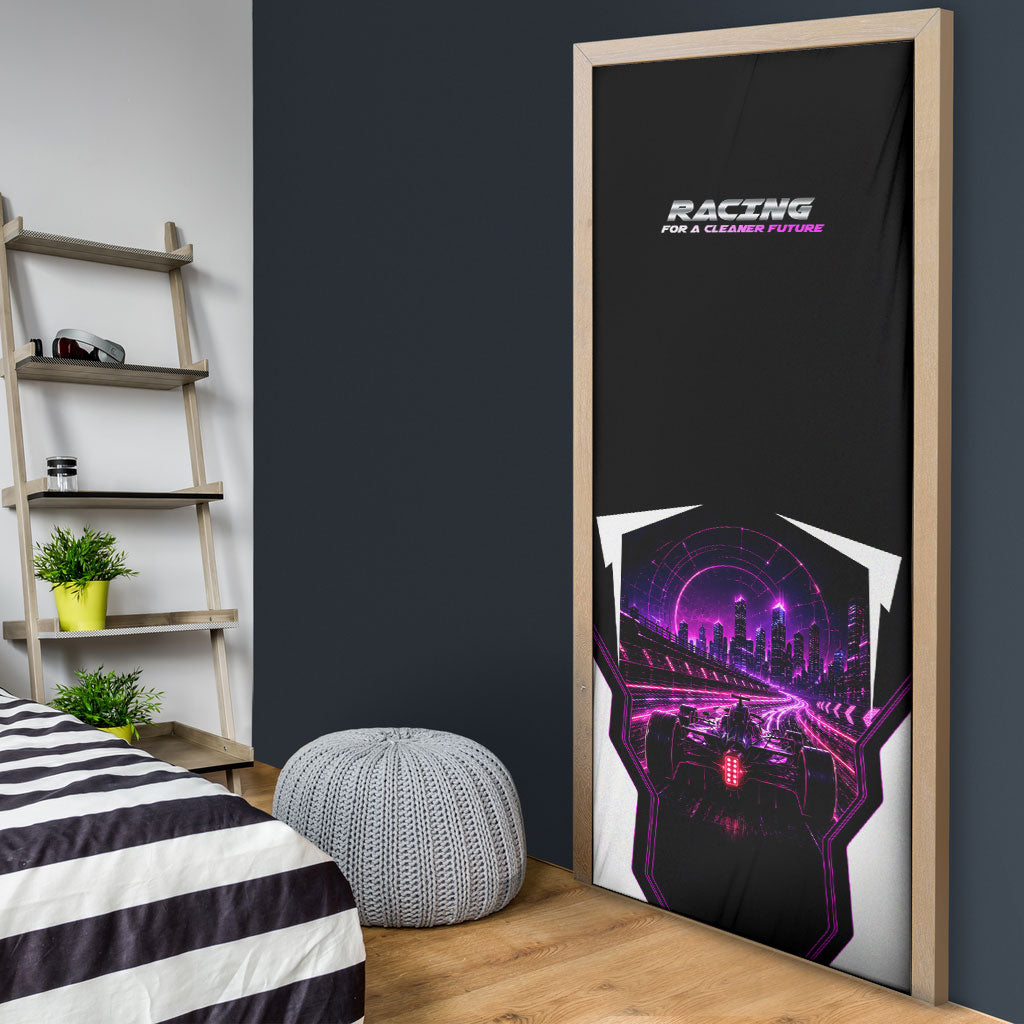 Electric Motorsport Racing Door Cover Futuristic Neon Formula Race Car Skyline Art
