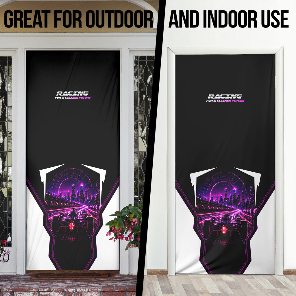 Electric Motorsport Racing Door Cover Futuristic Neon Formula Race Car Skyline Art