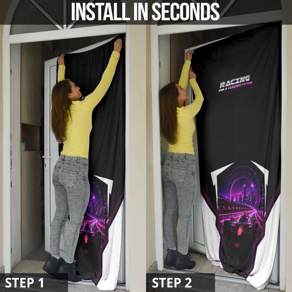 Electric Motorsport Racing Door Cover Futuristic Neon Formula Race Car Skyline Art