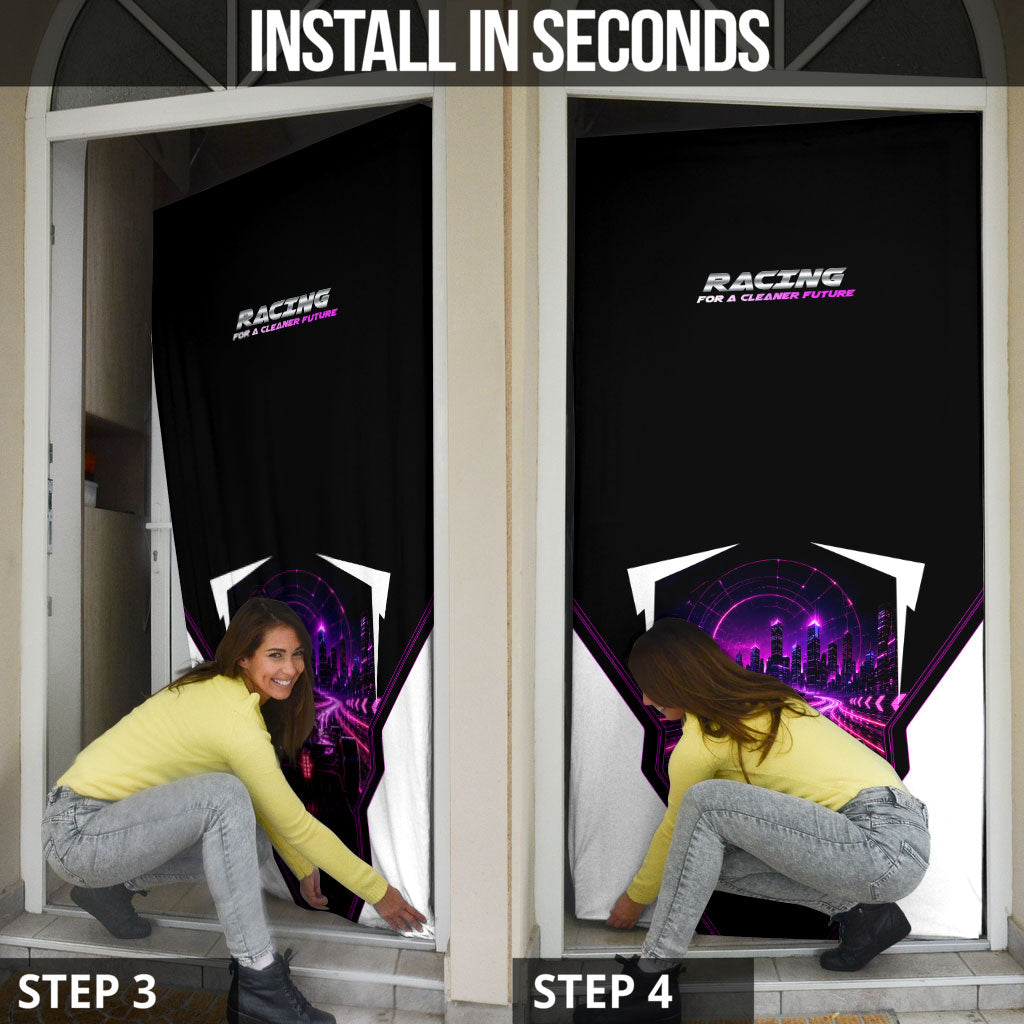 Electric Motorsport Racing Door Cover Futuristic Neon Formula Race Car Skyline Art