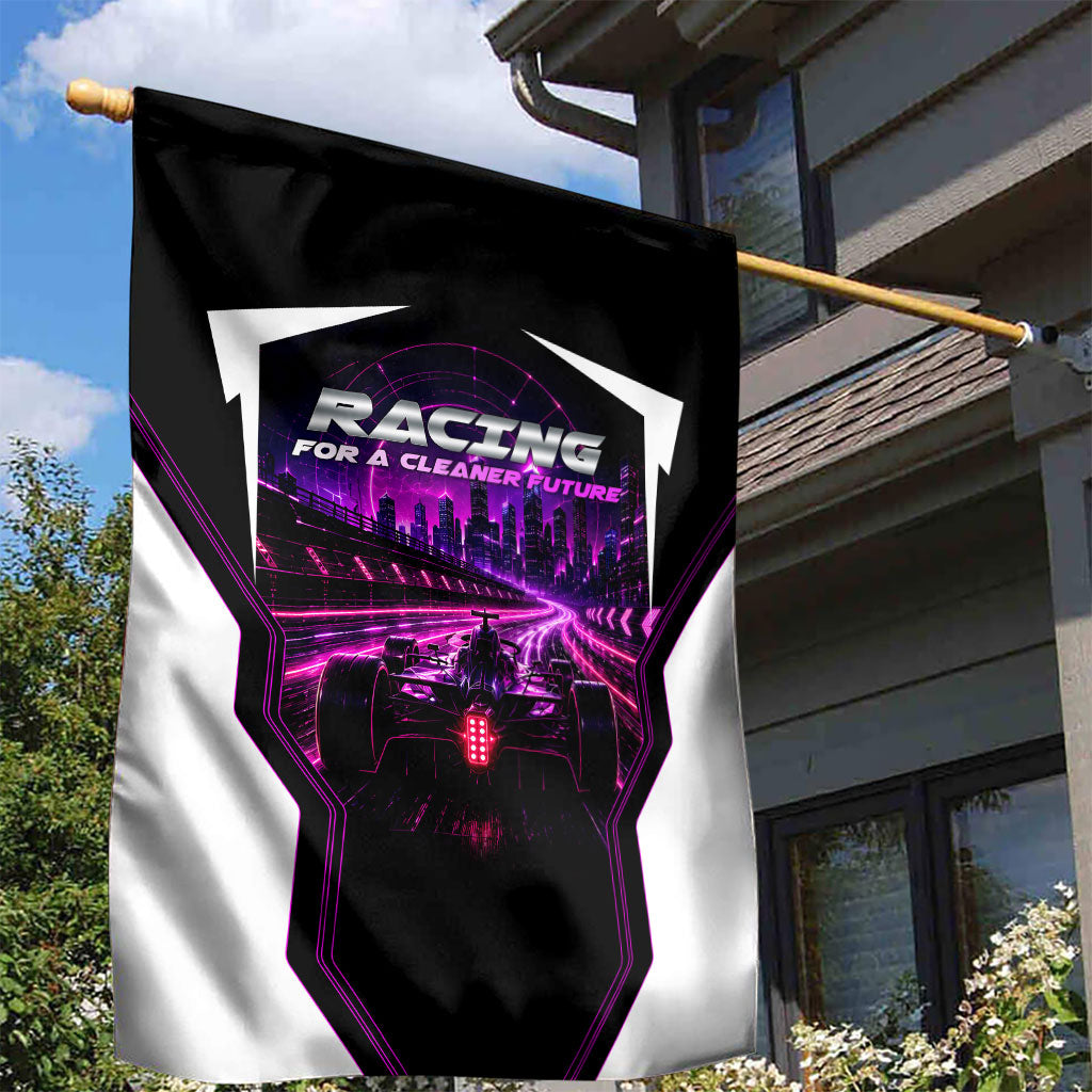 Electric Motorsport Racing Garden Flag Futuristic Neon Formula Race Car Skyline Art