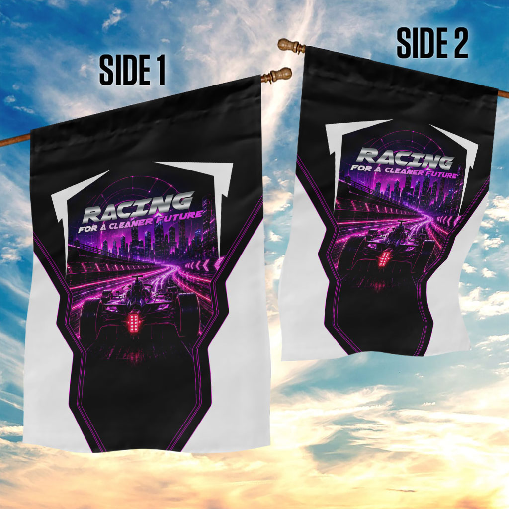 Electric Motorsport Racing Garden Flag Futuristic Neon Formula Race Car Skyline Art