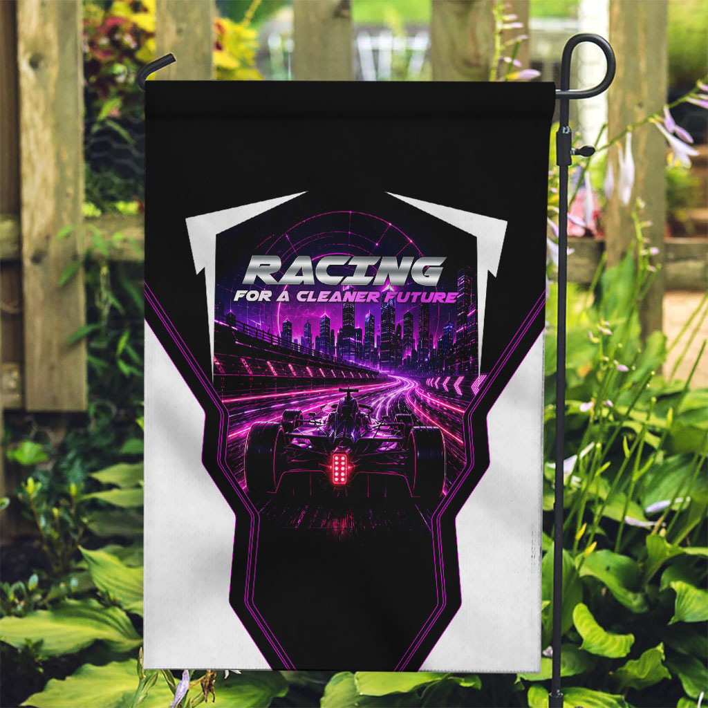 Electric Motorsport Racing Garden Flag Futuristic Neon Formula Race Car Skyline Art