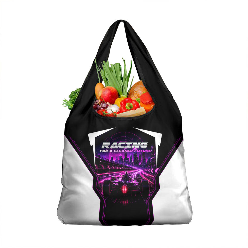 Electric Motorsport Racing Grocery Bag Futuristic Neon Formula Race Car Skyline Art