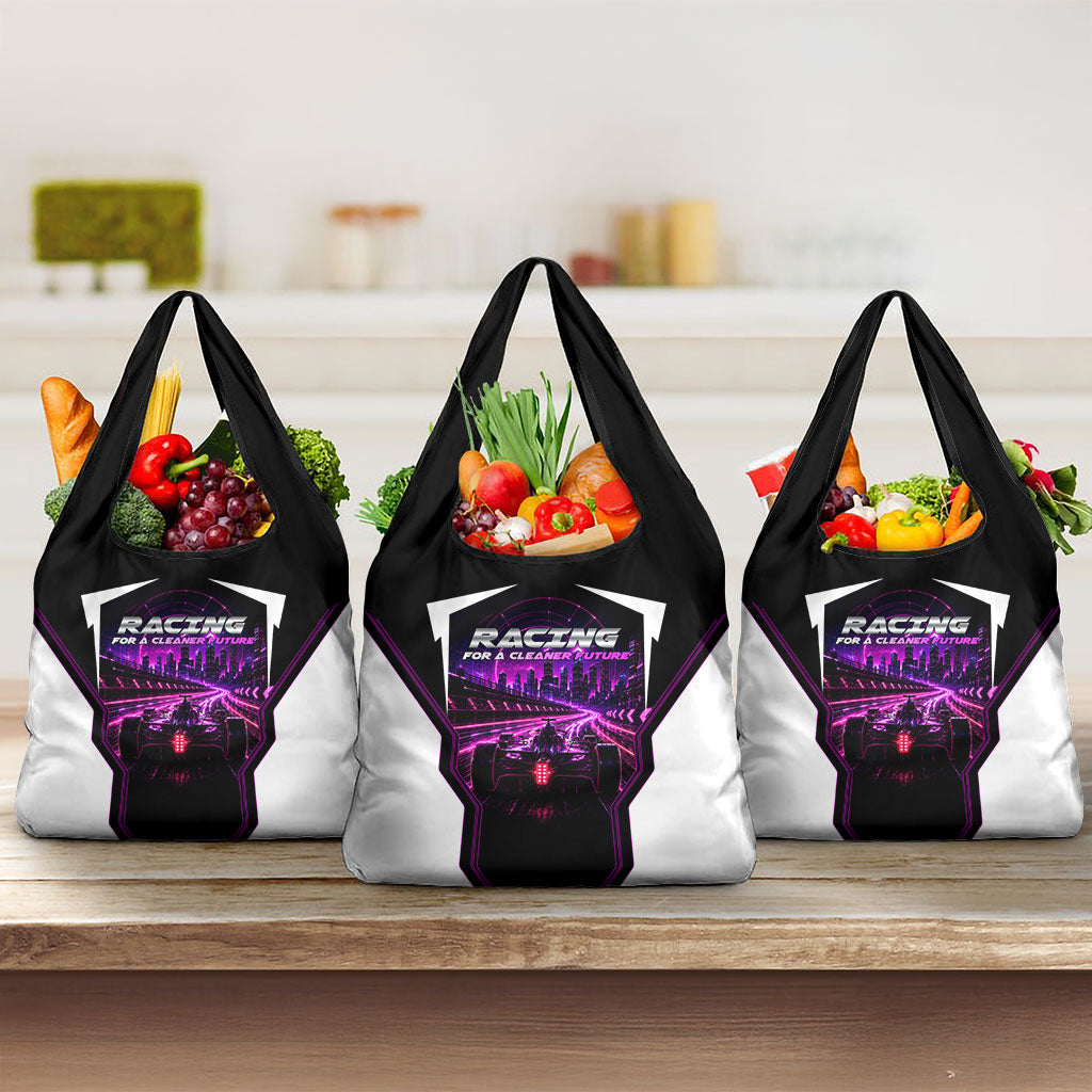 Electric Motorsport Racing Grocery Bag Futuristic Neon Formula Race Car Skyline Art