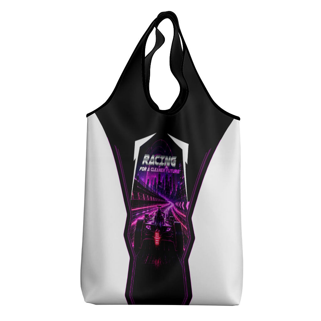 Electric Motorsport Racing Grocery Bag Futuristic Neon Formula Race Car Skyline Art