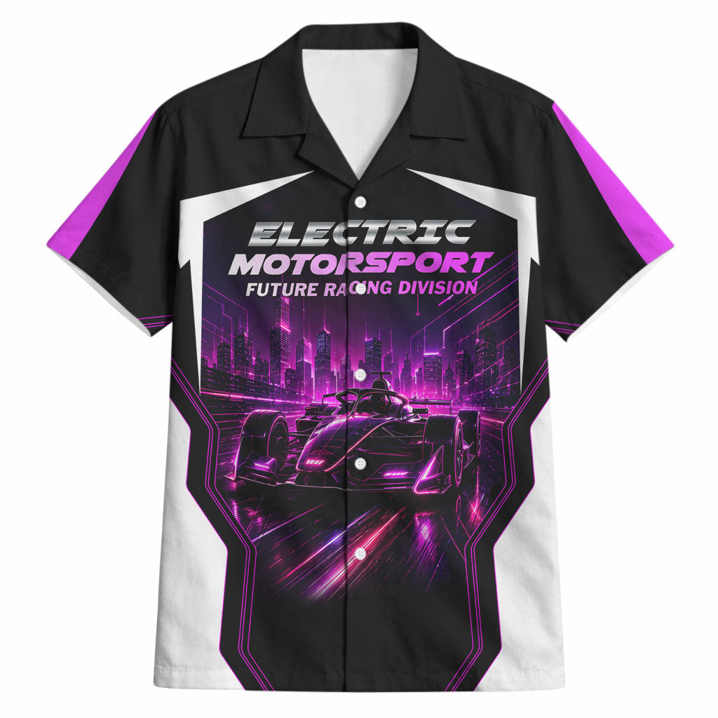 Electric Motorsport Racing Hawaiian Shirt Futuristic Neon Formula Race Car Skyline Art