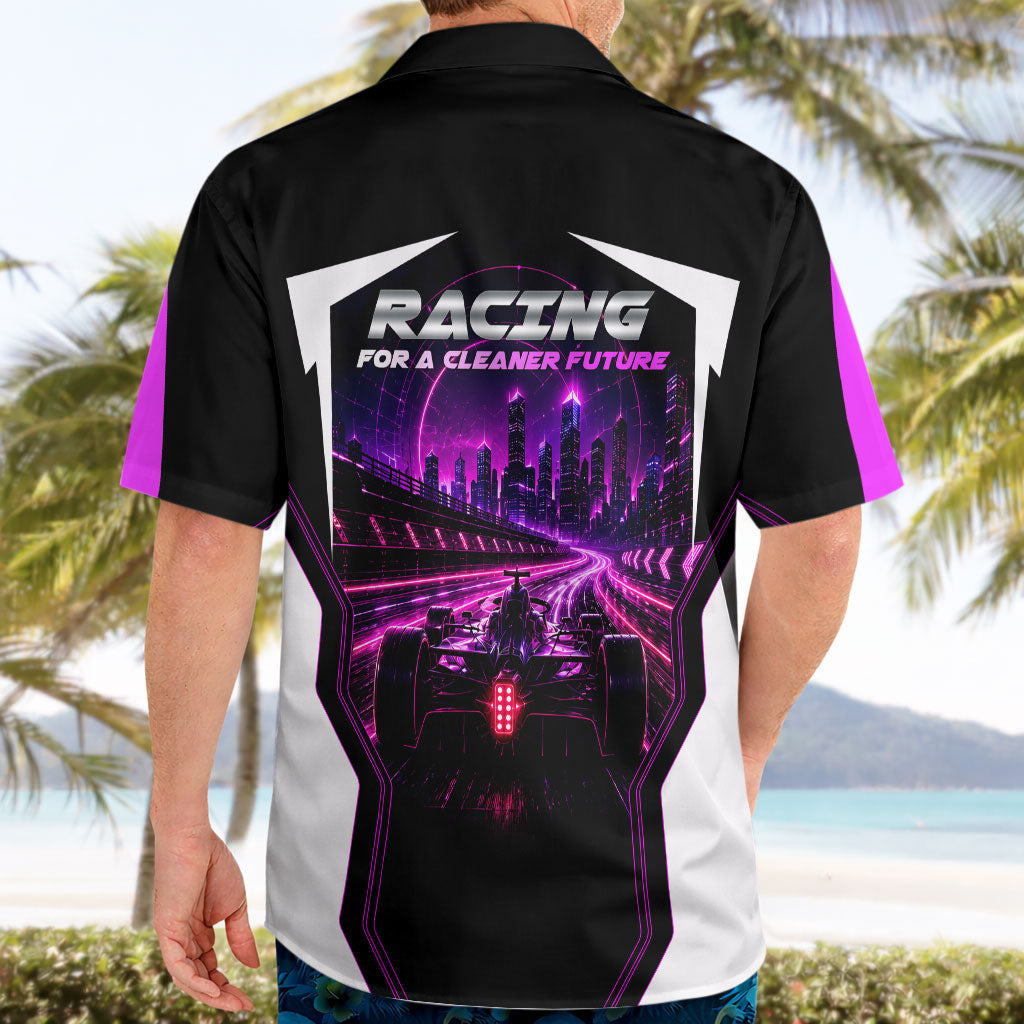 Electric Motorsport Racing Hawaiian Shirt Futuristic Neon Formula Race Car Skyline Art