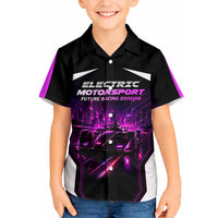 Electric Motorsport Racing Hawaiian Shirt Futuristic Neon Formula Race Car Skyline Art