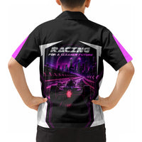 Electric Motorsport Racing Hawaiian Shirt Futuristic Neon Formula Race Car Skyline Art
