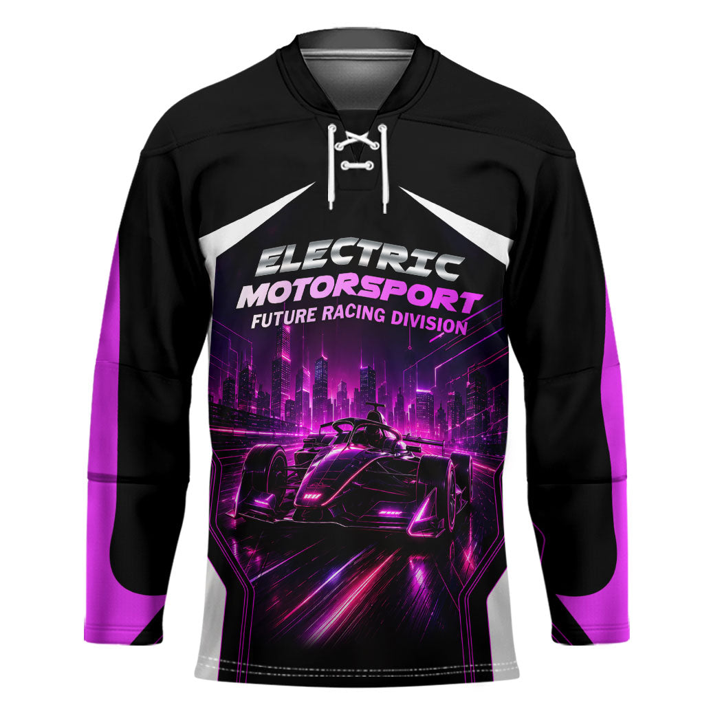 Electric Motorsport Racing Hockey Jersey Futuristic Neon Formula Race Car Skyline Art