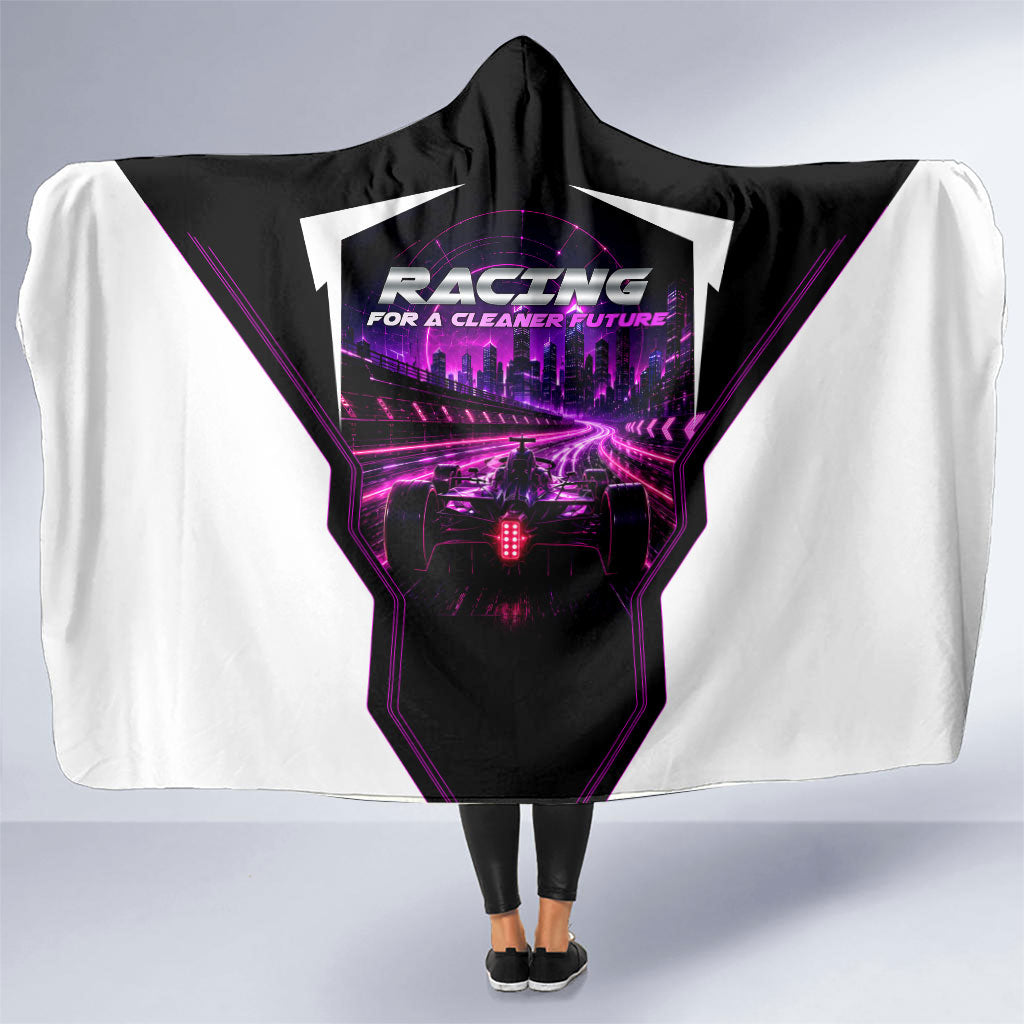 Electric Motorsport Racing Hooded Blanket Futuristic Neon Formula Race Car Skyline Art