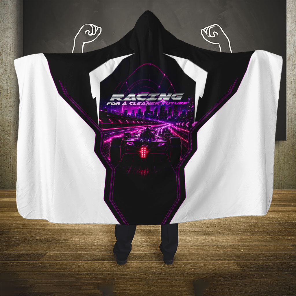 Electric Motorsport Racing Hooded Blanket Futuristic Neon Formula Race Car Skyline Art